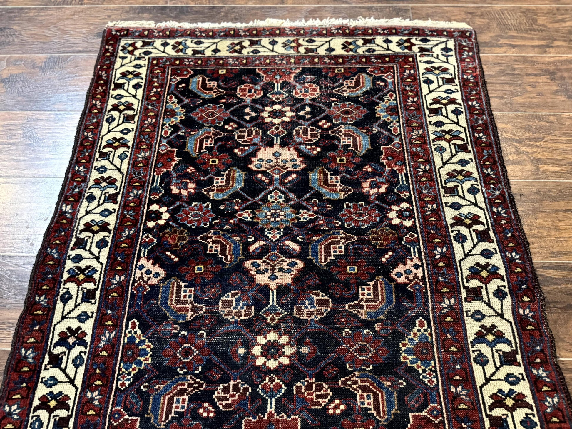 Navy Blue Antique Persian Rug 3x6, Blue and Ivory Persian Carpet, Handmade 1920s Hamadan Rug - Nuvé