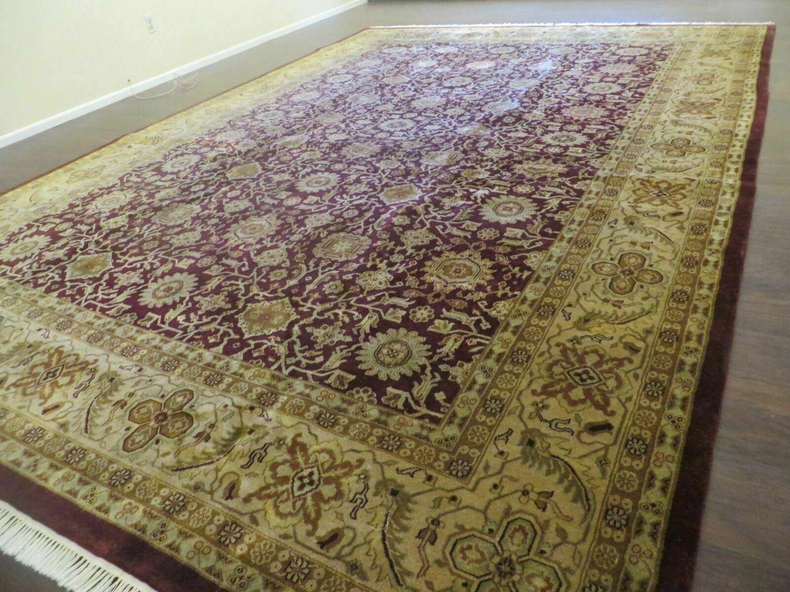 Indian Agra Rug 10x14 Vintage Handmade Larastan Wool Carpet Maroon Floral - Nuvé