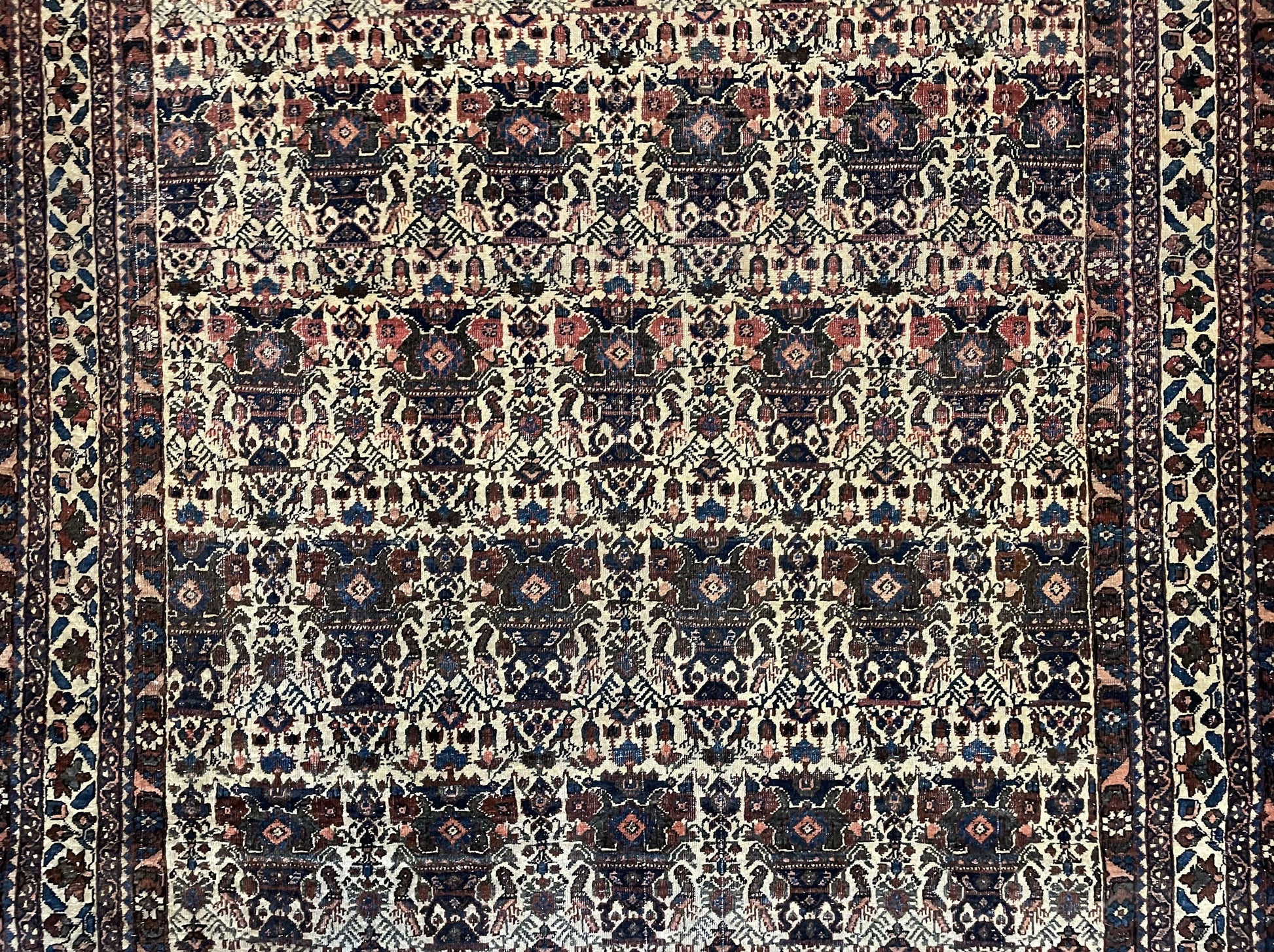 Antique Persian Afshar Rug 5x7, Wool Hand Knotted Oriental Carpet 5 x 7 ft, Repeated Motif Allover, Cream and Maroon, Tribal Rug, Medium Sized Rug,  Zil-i-Sultan Design - Nuvé