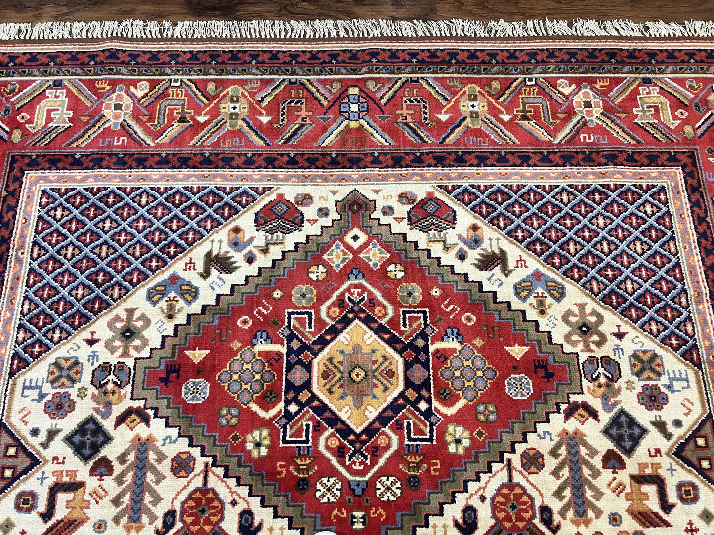 Belgium Power Loomed Rug 8x12, Geometric Medallions Persian Tribal Pattern, Vintage Wool Carpet, Ivory Red Blue - Nuvé