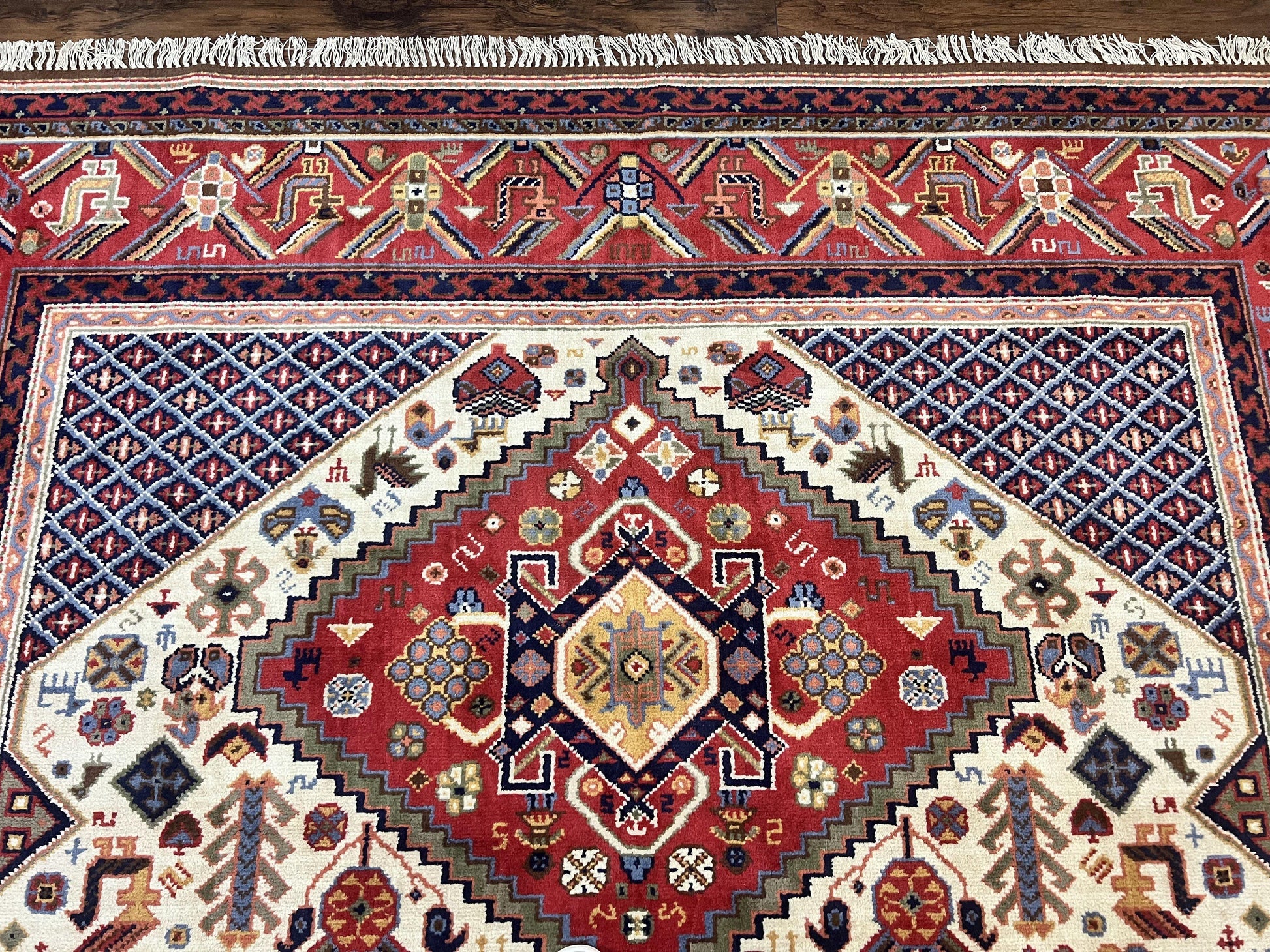 Belgium Power Loomed Rug 8x12, Geometric Medallions Persian Tribal Pattern, Vintage Wool Carpet, Ivory Red Blue - Nuvé