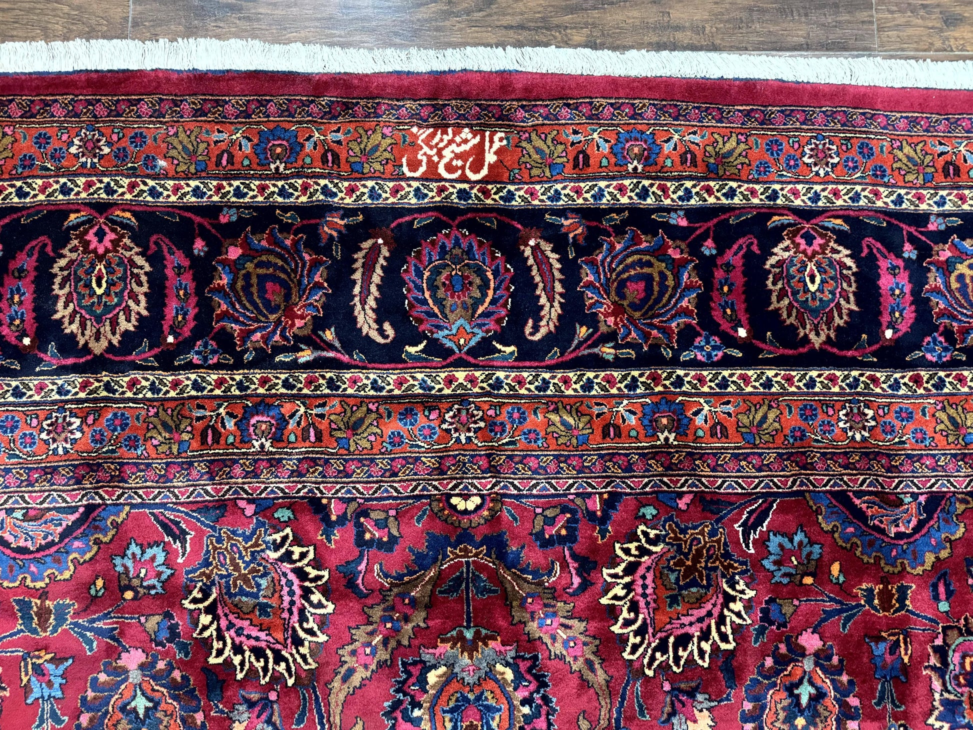 Palace Size Persian Mashad Rug 12x16, Raspberry and Navy Blue, Signature from Master Weaver, Antique Handmade Large Wool Carpet - Nuvé