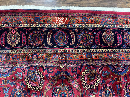 Palace Size Persian Mashad Rug 12x16, Raspberry and Navy Blue, Signature from Master Weaver, Antique Handmade Large Wool Carpet - Nuvé