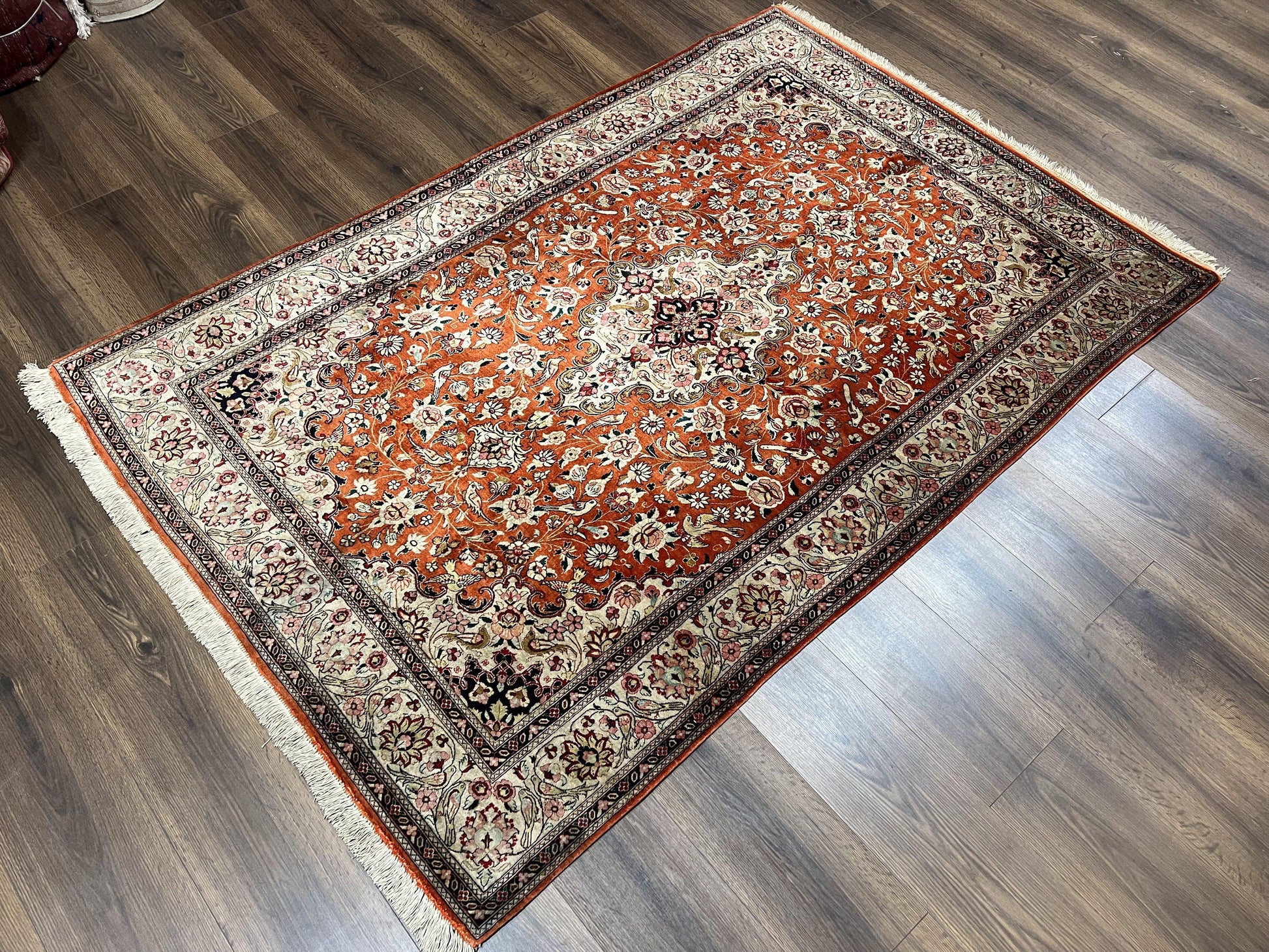 Persian Qum Silk Rug 5x7 - Floral Medallion, Birds, Orange-Red - Nuvé