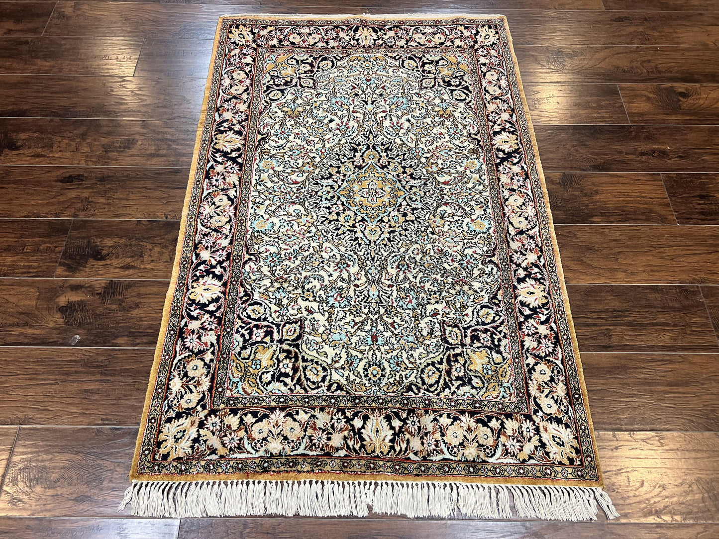 Silk Persian Qum Rug 4x5, Hand Knotted Vintage Carpet, Cream & Navy Blue, Silk Pile on Silk Foundation, Very Fine 360 KPSI