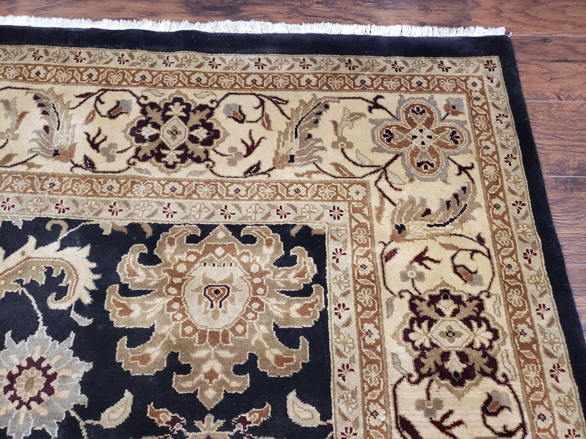 Indo Mahal Rug 8x12, Indian Sultanabad Handmade Area Rug, Vintage Hand-Knotted Wool Black Floral Traditional Oriental Dinning Room Rug - Nuvé