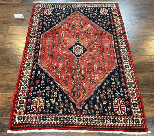 Persian Tribal Rug 3.6 x 5 ft, Persian Abadeh Rug, Geometric Medallion Bird Motifs, Red and Navy Blue Hand Knotted Handmade Wool Vintage Oriental Carpet - Nuvé