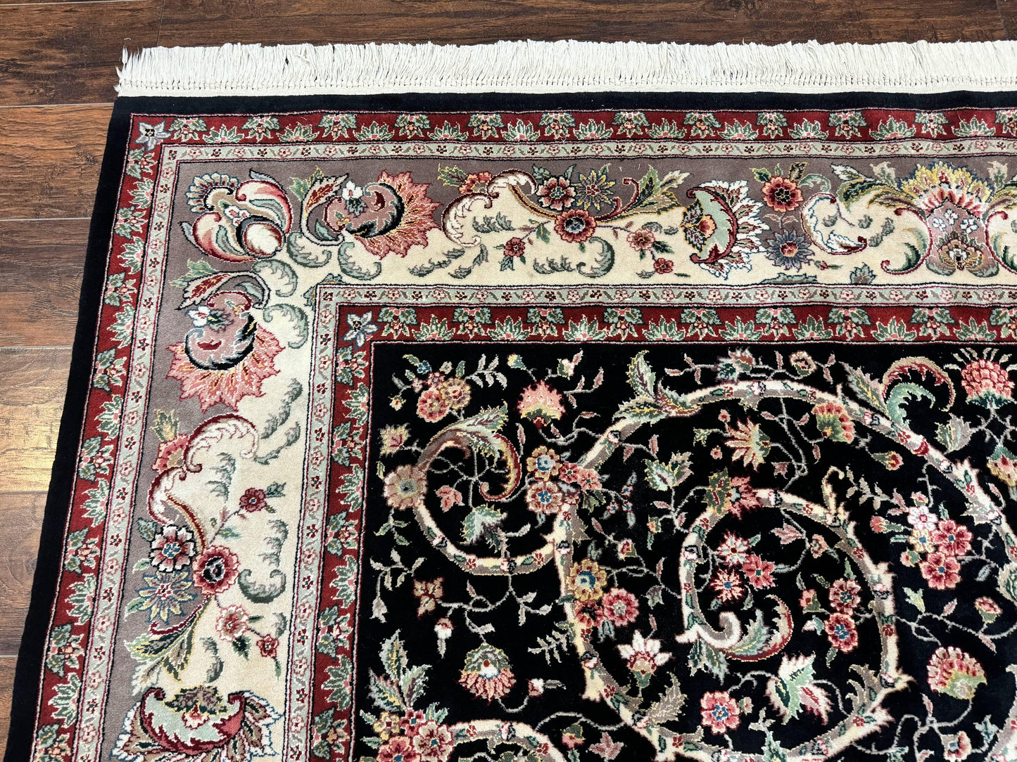 Black Pak Persian Rug 8x11, Floral Pattern, Hand Knotted Vintage Wool Rug with Silk Highlights, Fine 200 KPSI - Nuvé