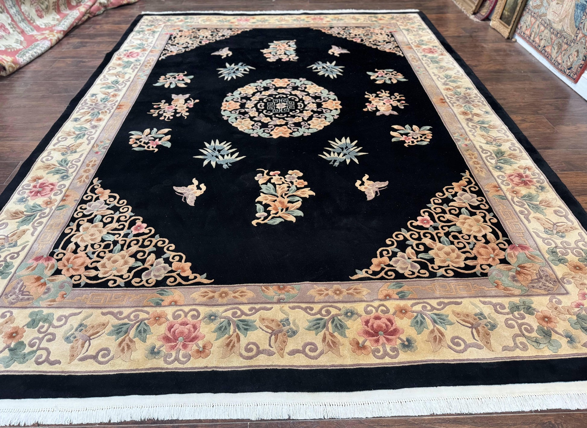 Chinese Wool Rug 9x12, Chinese Carving Carpet, Floral Medallion, Black and Beige, Butterflies, Vintage Asian Oriental Rug, 90 Line Rug - Nuvé