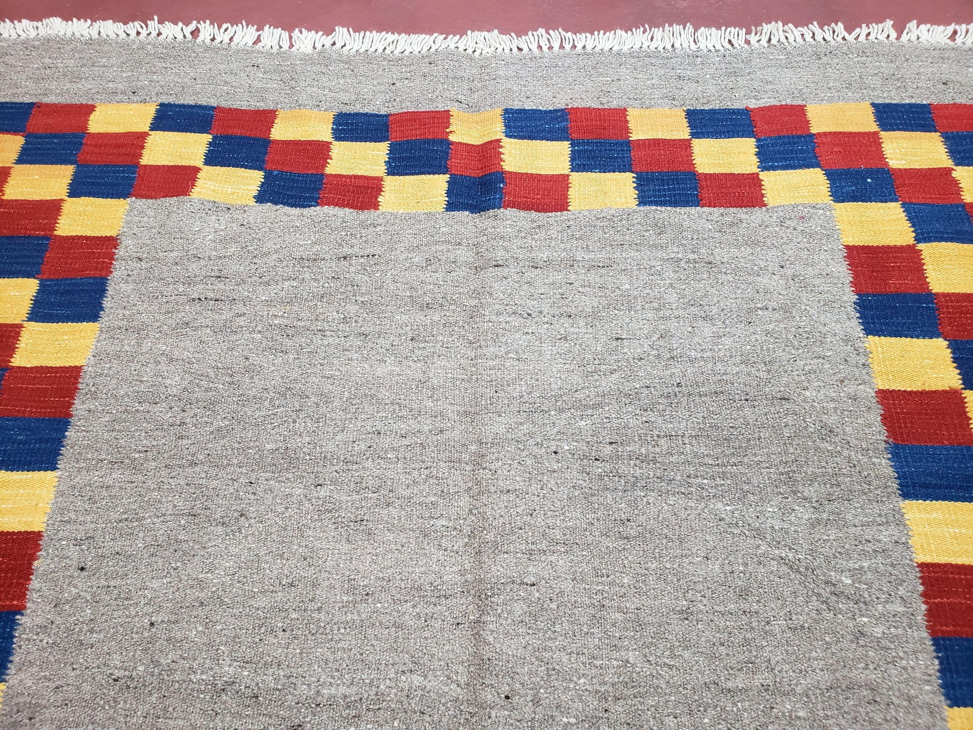 New Turkish Kilim Area Rug, Gray Carpet With Colorful Checker Border, 5'6" x 8", Flatweave Carpet, Playroom Rug, Kids Room Rug, Hand-Knotted - Nuvé
