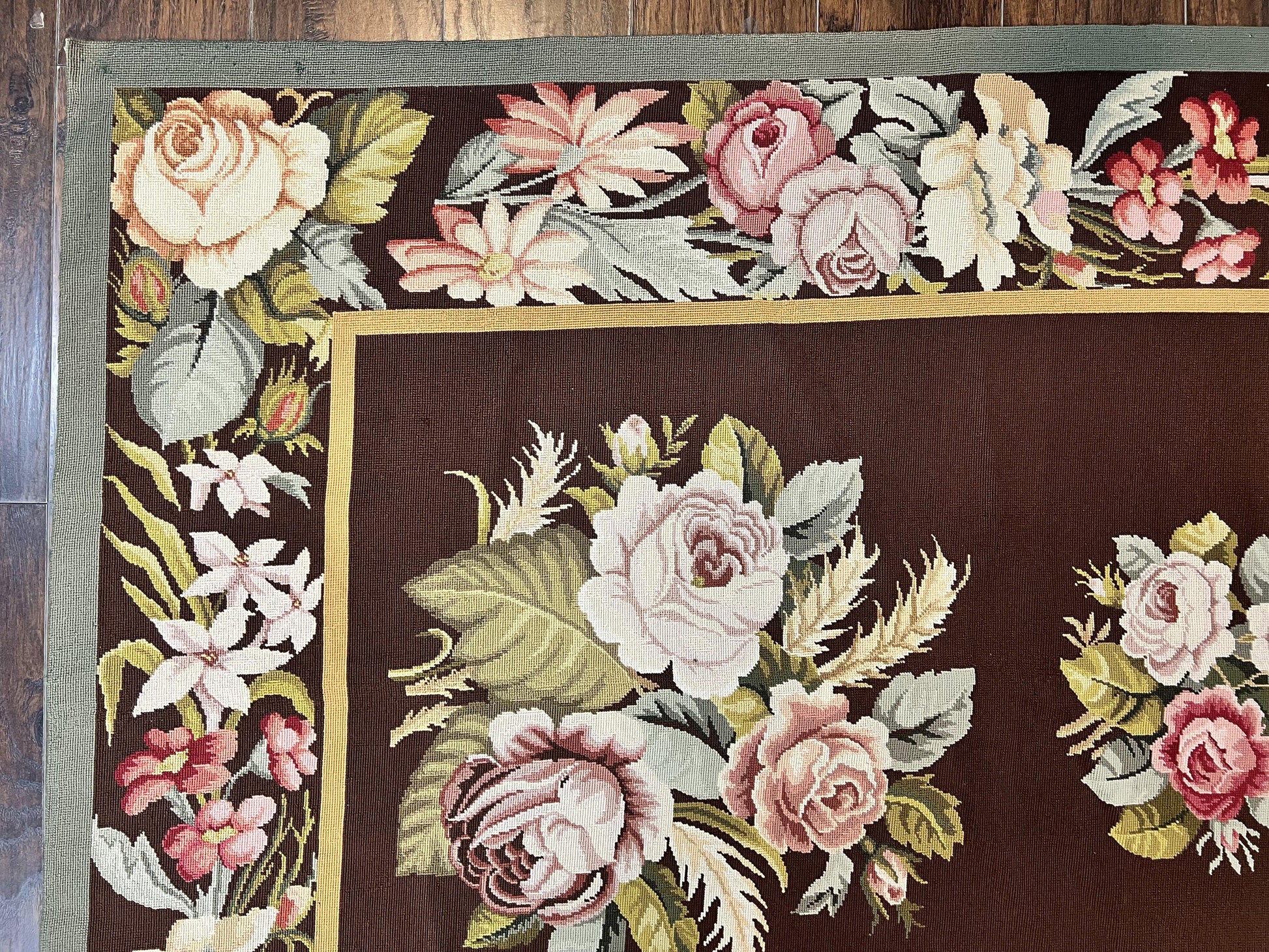 Vintage Needlepoint Rug 9x12, Large Handmade Hand-woven Needlepoint Carpet, Brown Area Rug, Floral Bouquets, Wool Rug, European Design - Nuvé