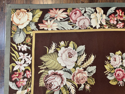 Vintage Needlepoint Rug 9x12, Large Handmade Hand-woven Needlepoint Carpet, Brown Area Rug, Floral Bouquets, Wool Rug, European Design - Nuvé