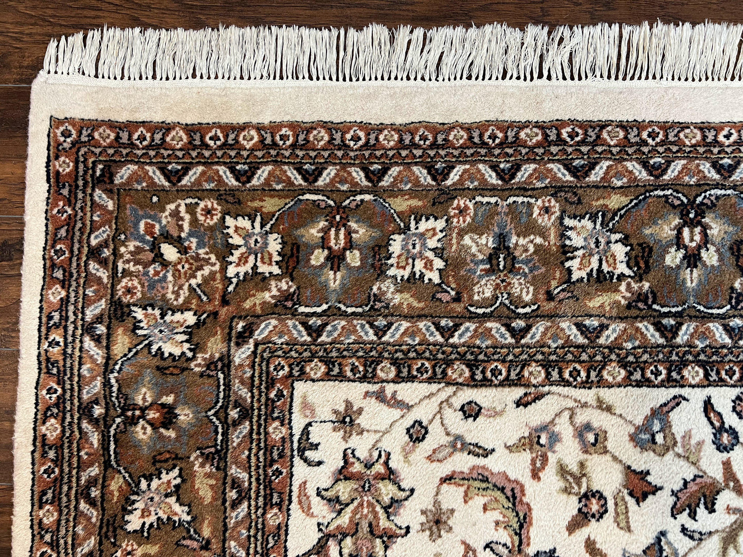 Indo Kirman Rug 8x12 Allover Floral Design, Ivory/Cream Brown, Vintage Handmade Hand Knotted Rug, Traditional Wool Persian Carpet 8 x 12 - Nuvé