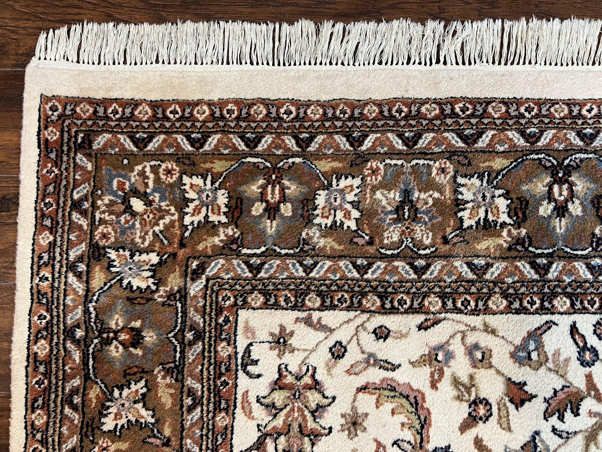 Indo Kirman Rug 8x12 Allover Floral Design, Ivory/Cream Brown, Vintage Handmade Hand Knotted Rug, Traditional Wool Persian Carpet 8 x 12 - Nuvé