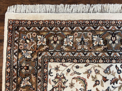 Indo Kirman Rug 8x12 Allover Floral Design, Ivory/Cream Brown, Vintage Handmade Hand Knotted Rug, Traditional Wool Persian Carpet 8 x 12 - Nuvé