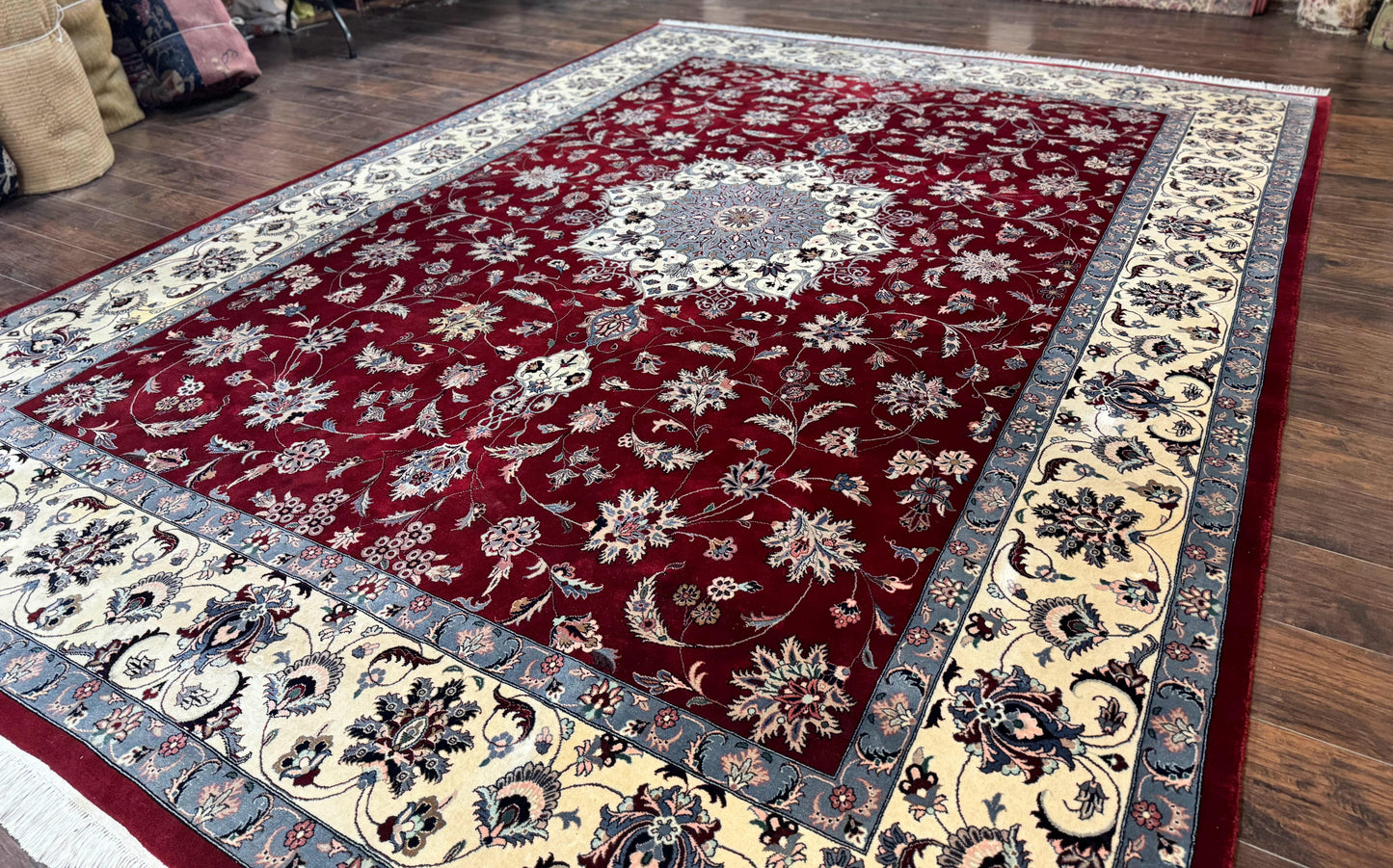 Pak Persian Rug 9x12, Maroon and Ivory, Wool Handmade Vintage - Nuvé