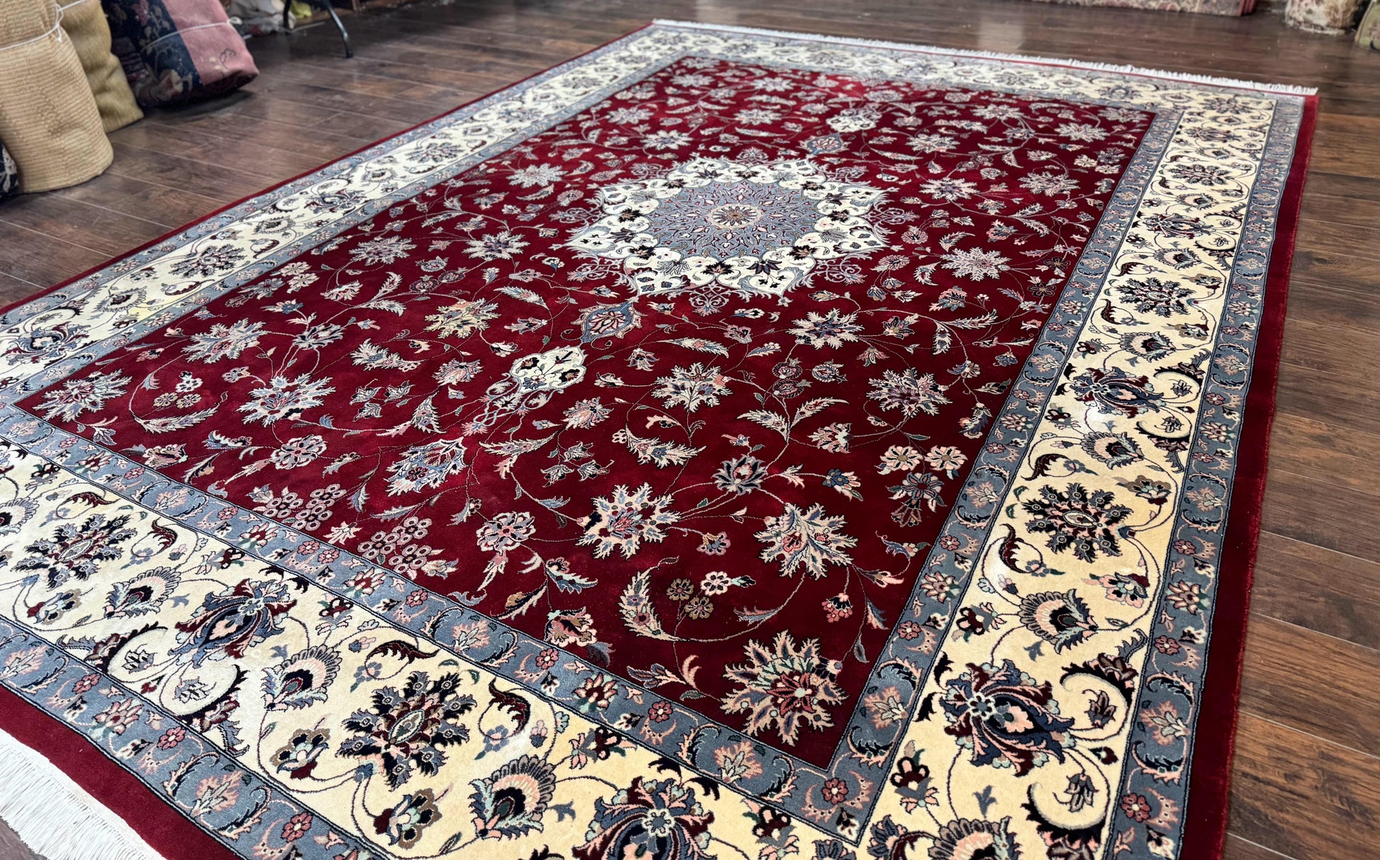 Pak Persian Rug 9x12, Maroon and Ivory, Wool Handmade Vintage - Nuvé