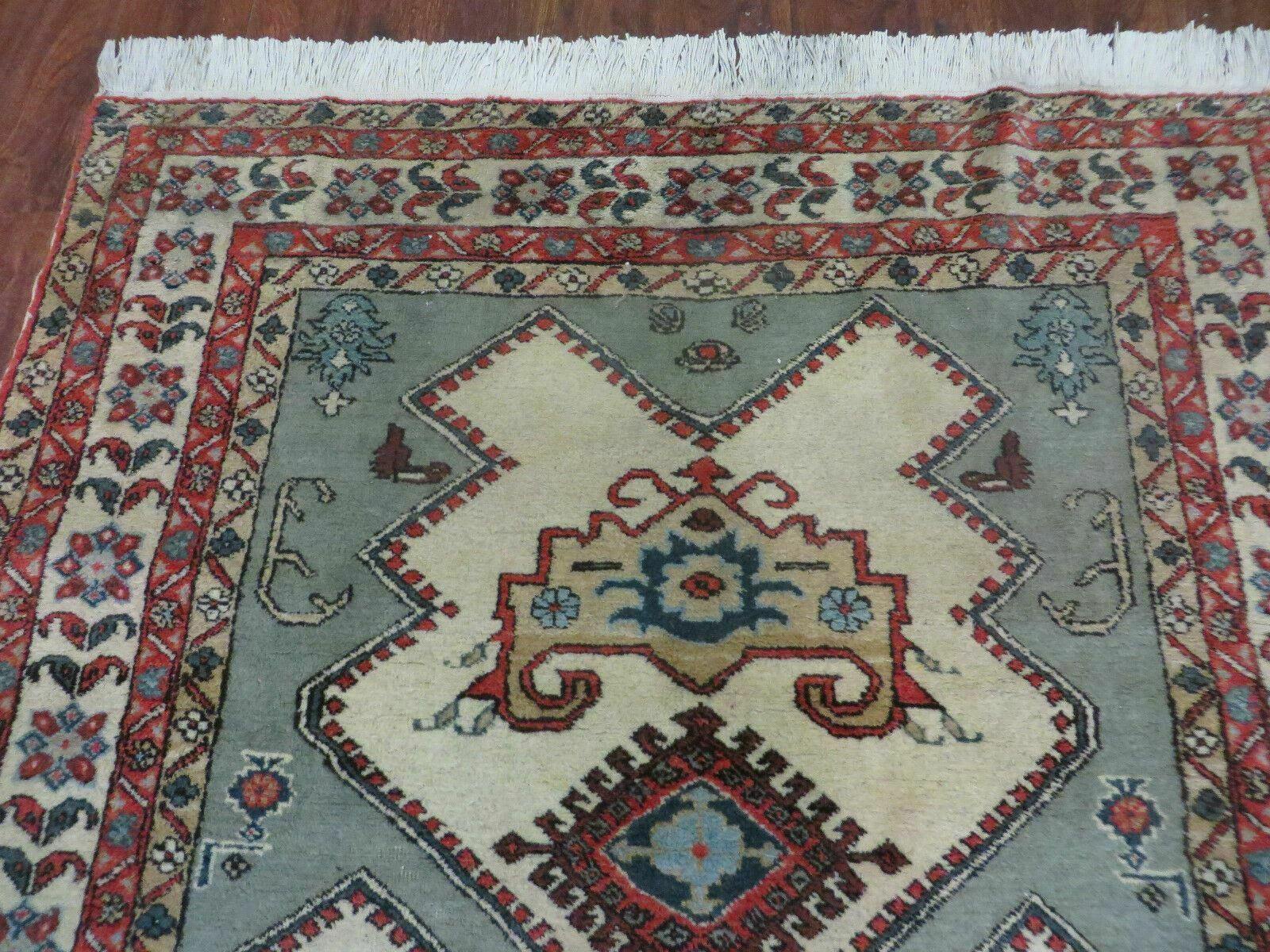 4' X 7' Vintage Handmade Knotted Rug India Caucasian Wool Soft Green Organic - Nuvé