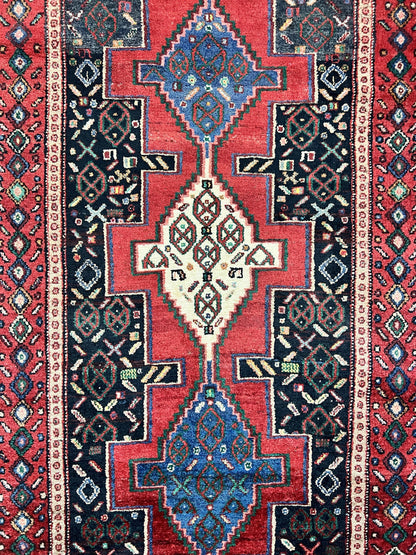 Persian Kurdish Senneh Runner Rug 3x9, Red Navy Blue, Medallions Wool Tribal Runner for Kitchen/Hallway 9ft Antique Handmade Oriental Runner - Nuvé