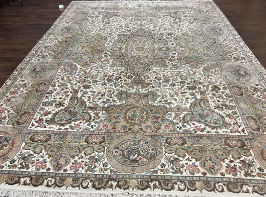 Sino Persian Rug 9x12, Wool on Silk Foundation Hand Knotted Ivory Vintage Carpet, Birds Design, Very Fine Room Sized Floral Oriental Rug - Nuvé