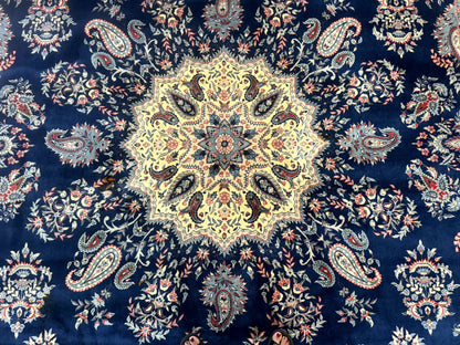 Sino Persian Kerman Rug 10x14, Blue and Beige, Floral Medallion, Fine 240 KPSI - Nuvé