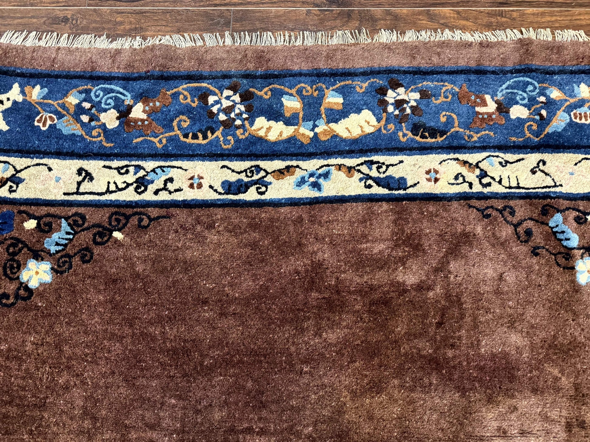 Antique Chinese Wool Rug 9x11, Large Chinese Art Deco Rug, Peking Rug, Brown and Blue, Open Field, Fete Rug - Nuvé