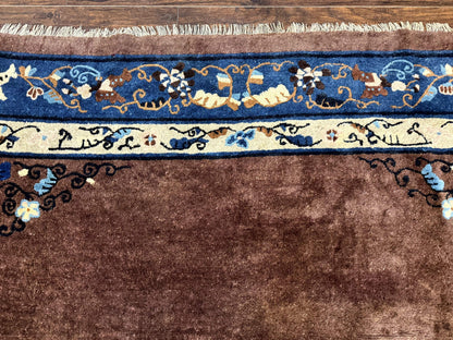 Antique Chinese Wool Rug 9x11, Large Chinese Art Deco Rug, Peking Rug, Brown and Blue, Open Field, Fete Rug - Nuvé