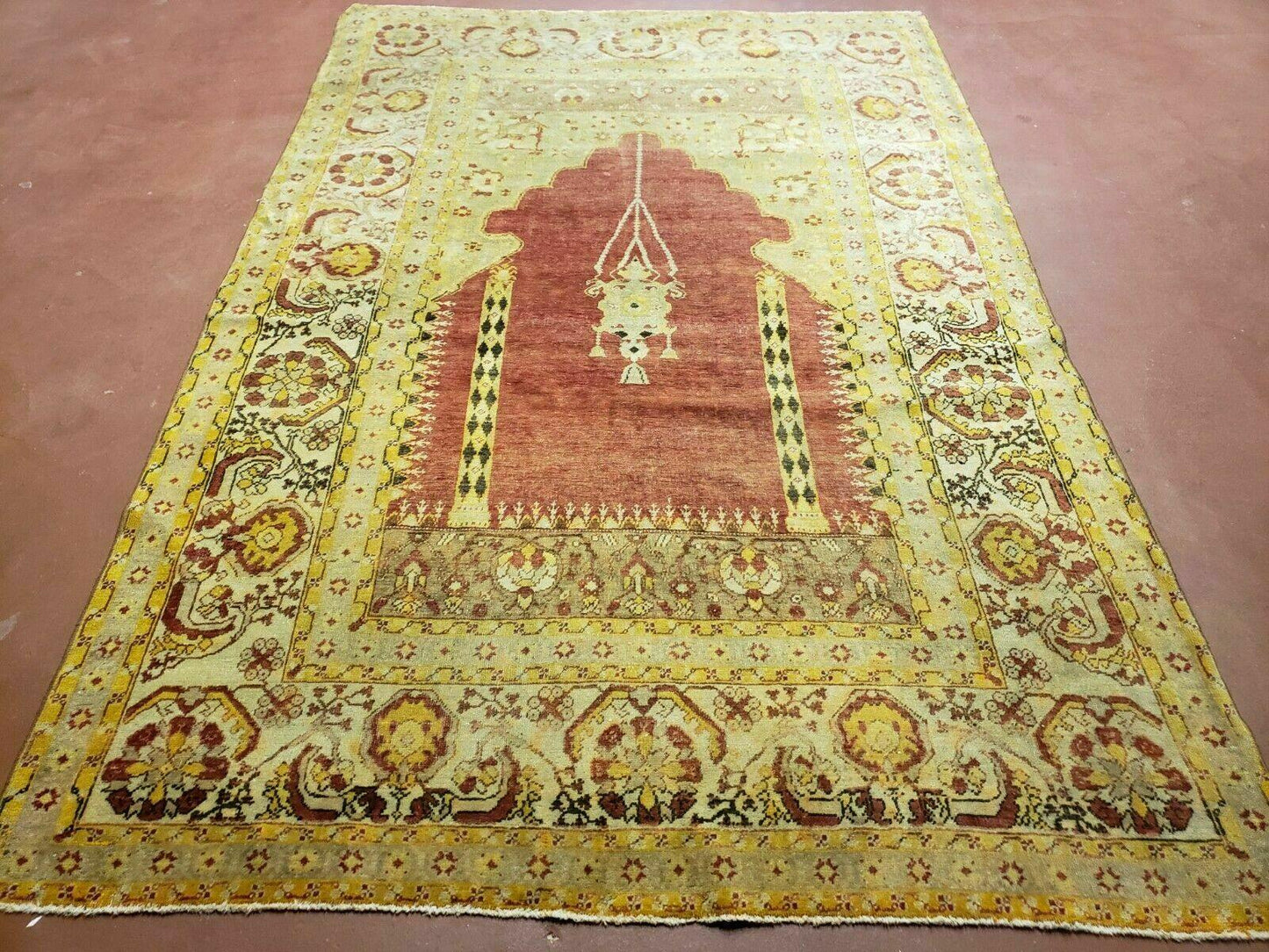 4' 5" X 7' Antique HandmadeTurkish Prayer Melas Oushak Wool Rug Mehrab Nice - Nuvé