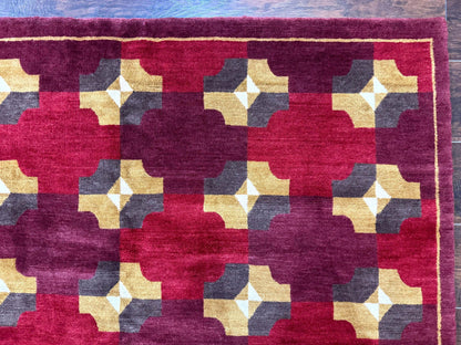 Modern Tibetan Rug 5 x 6.8, Wool, Red, Allover Pattern, Nepali Rug, Abstract Rug, Handmade Area Rug - Nuvé