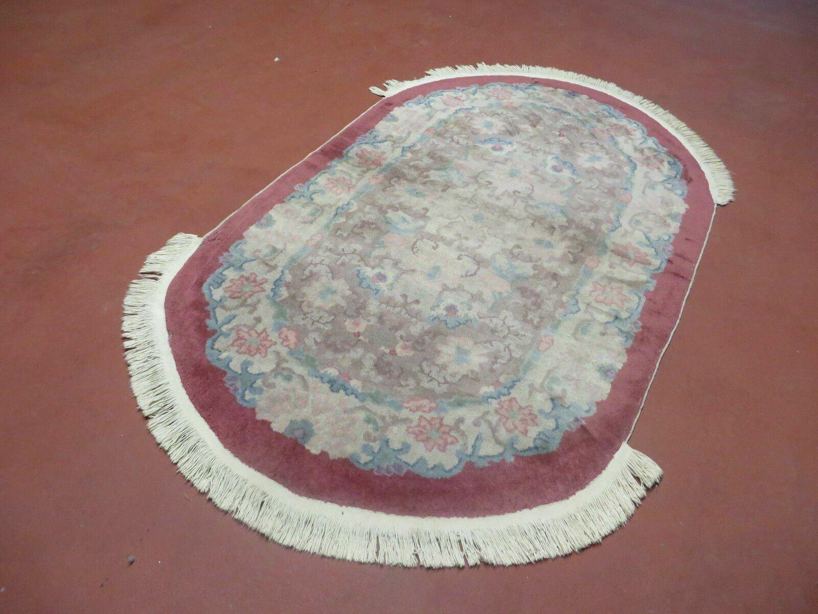 Oval Chinese Art Deco Rug 3x5 Vintage Wool Carpet - Nuvé