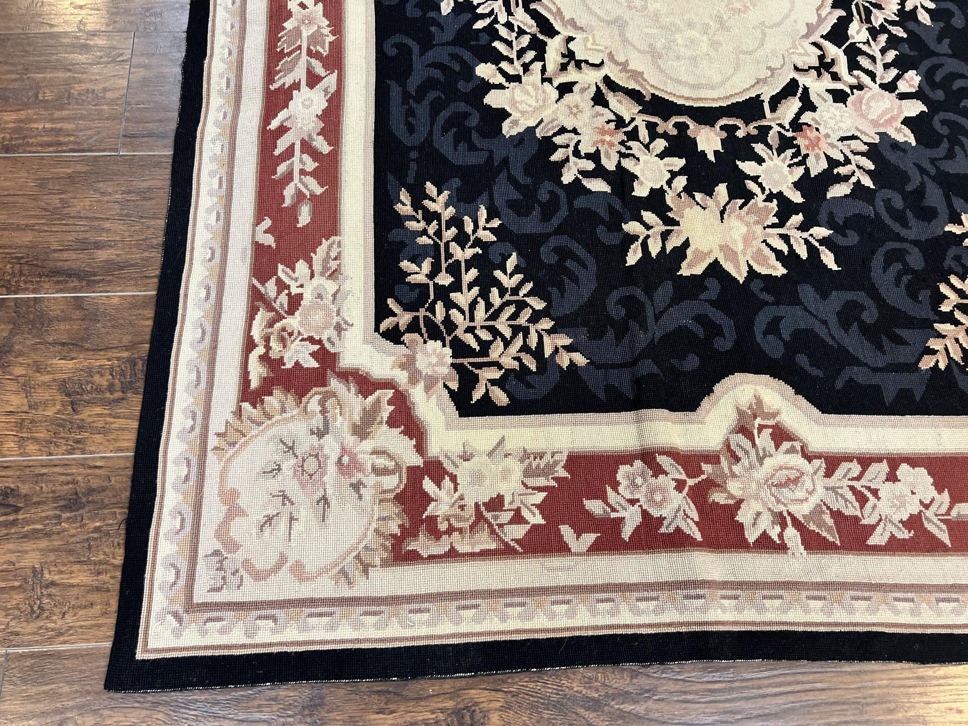Needlepoint Rug 5x8, Wool Handmade Vintage European Design Carpet, Black & Maroon, French Aubusson Pattern Flatweave Rug - Nuvé