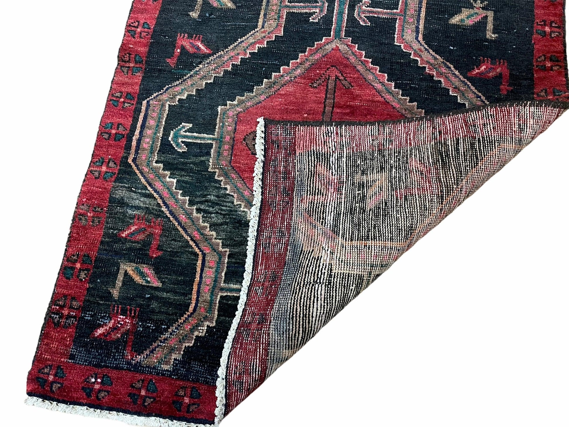 3 X 7 Handmade Wool Tribal Runner Rug Geometric Red Blue Boho Organic Dyes - Nuvé