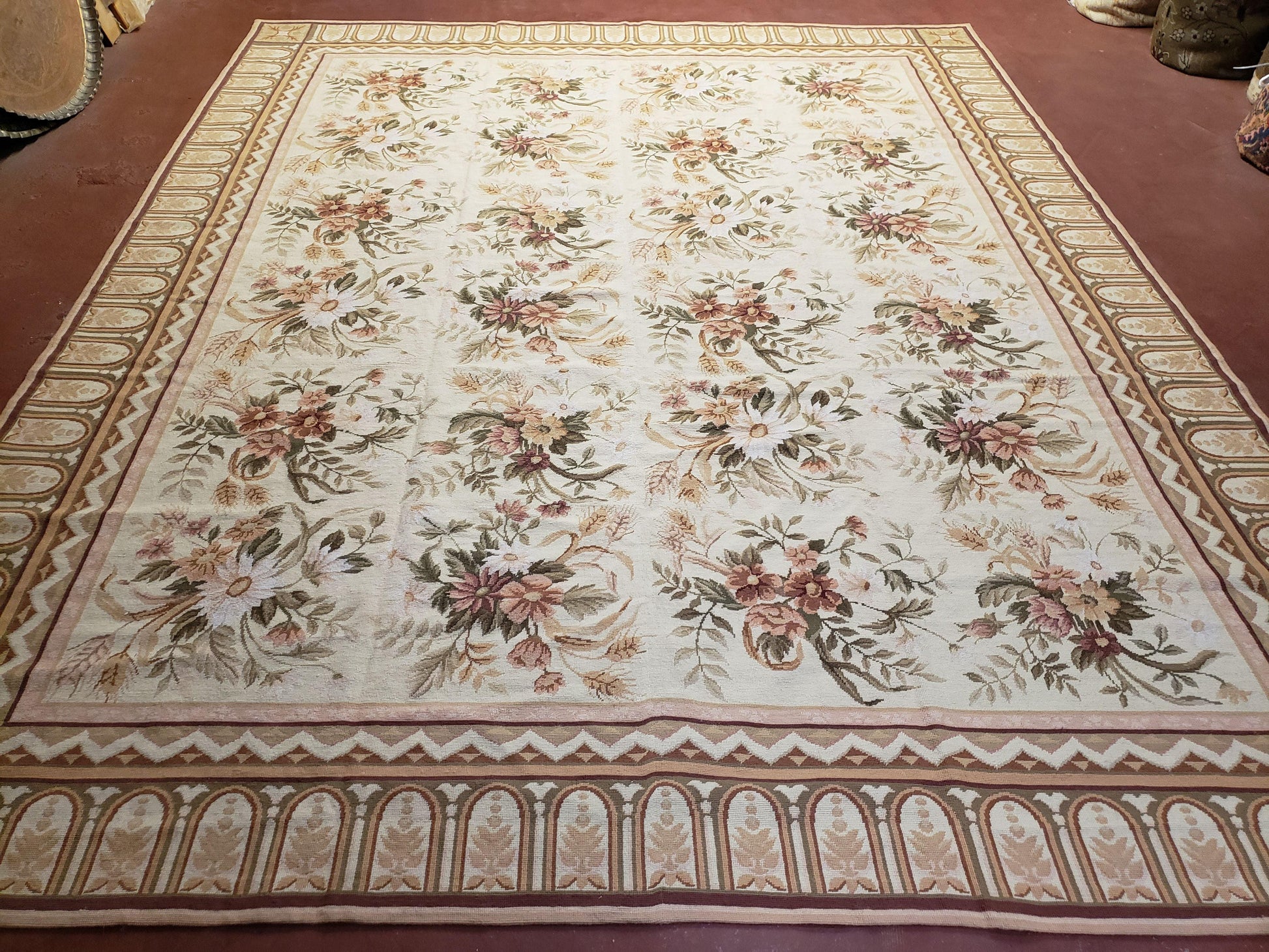 Needlepoint Rug 8x10 Aubusson Rug Victorian Floral Rug Handmade French Style French Decor Garden Panel Beige 8 x 10 Area Rug 100% Wool - Nuvé