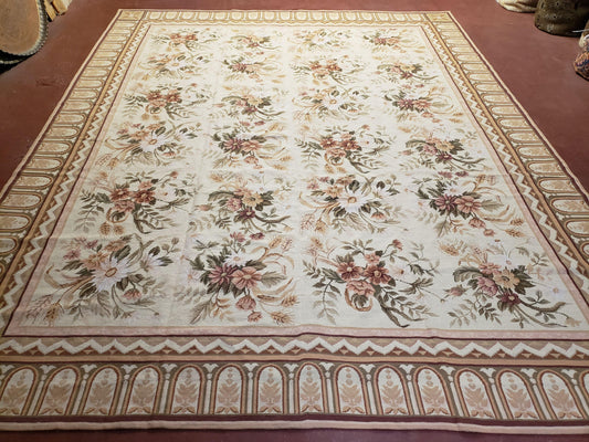 Needlepoint Rug 8x10 Aubusson Rug Victorian Floral Rug Handmade French Style French Decor Garden Panel Beige 8 x 10 Area Rug 100% Wool - Nuvé