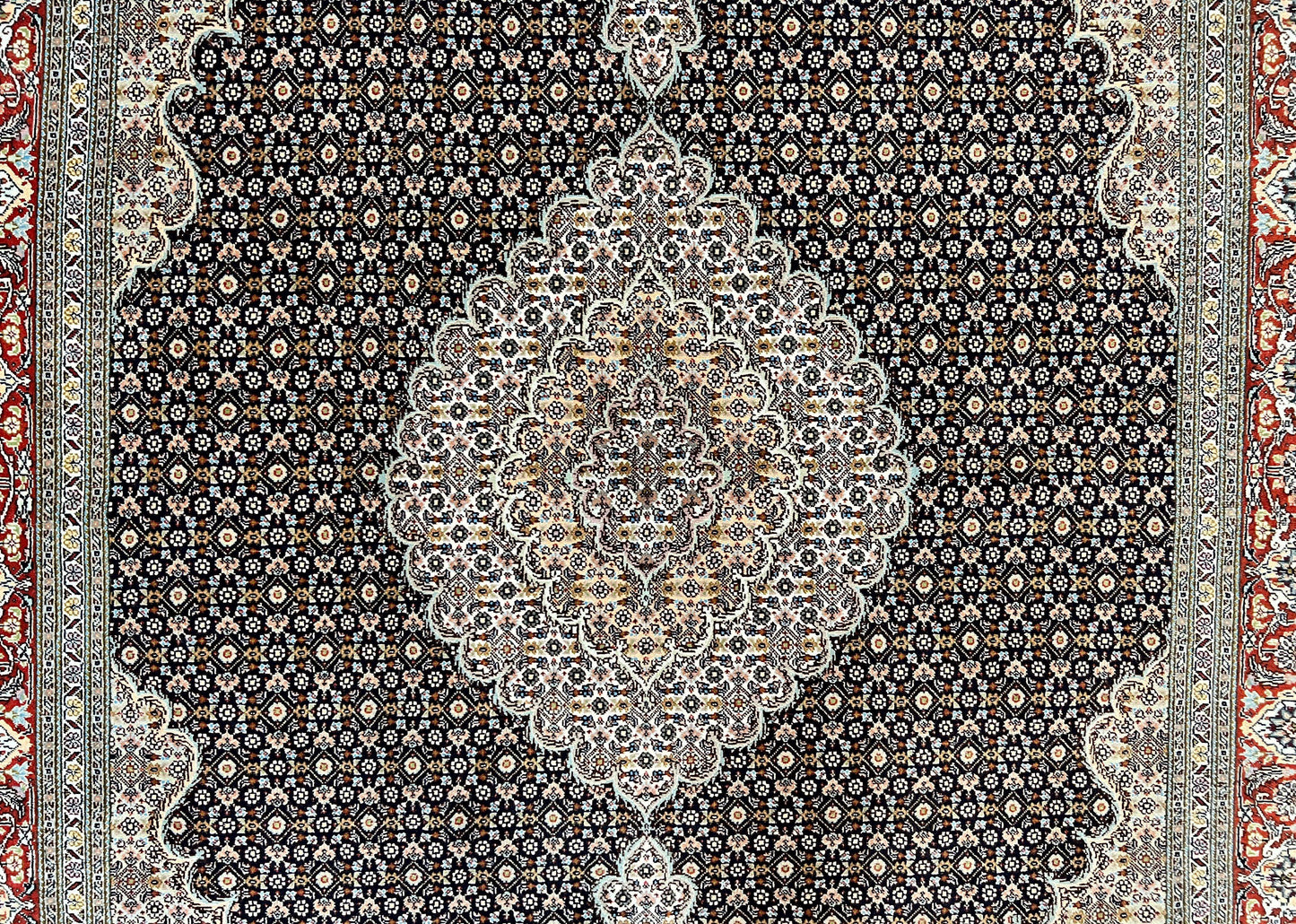 Persian Tabriz Rug 5x7, Wool with Silk Highlights, Hand Knotted Vintage Oriental Carpet, Very Fine, Herati Mahi Pattern, Black, Rare - Nuvé