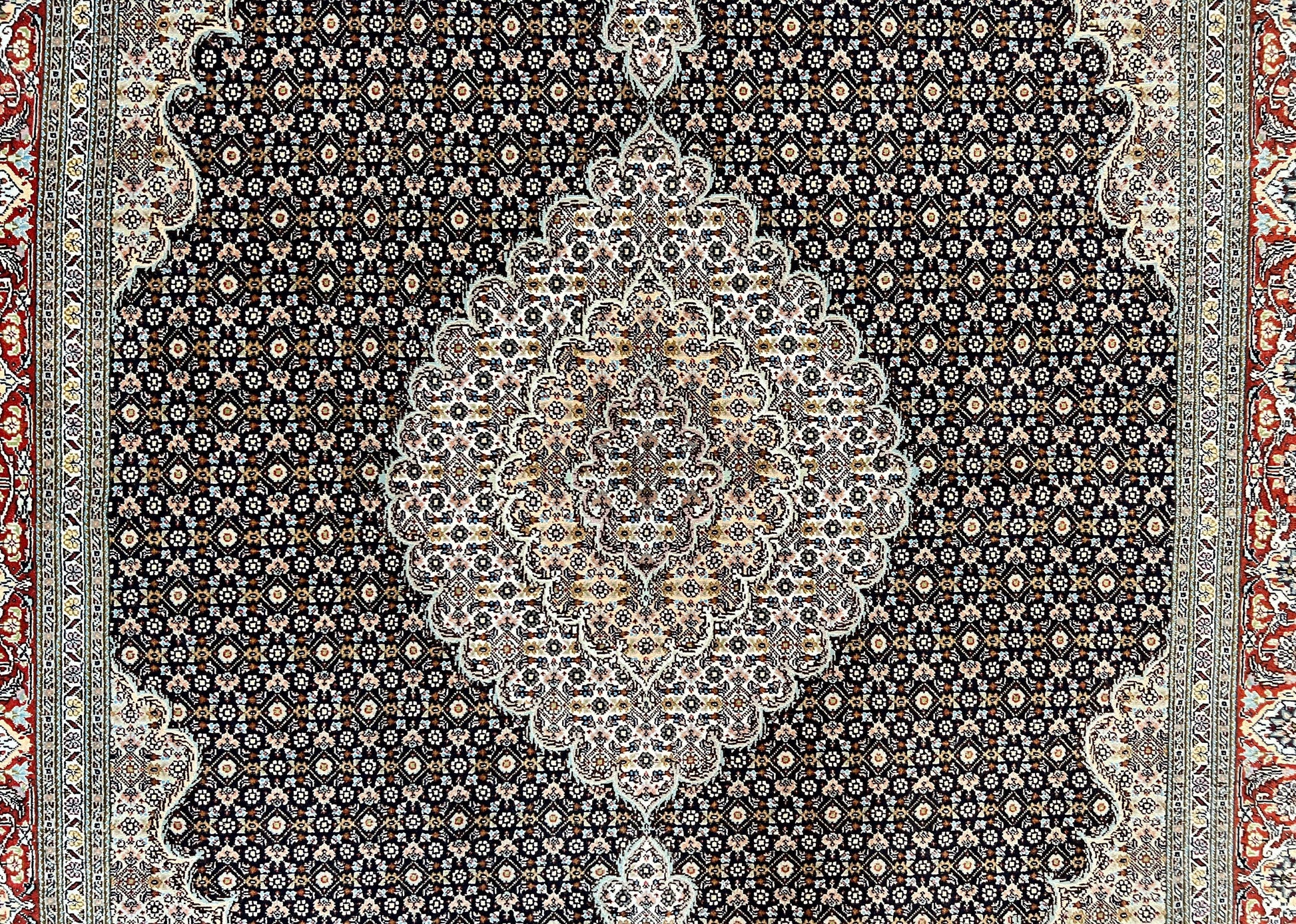 Persian Tabriz Rug 5x7, Wool with Silk Highlights, Hand Knotted Vintage Oriental Carpet, Very Fine, Herati Mahi Pattern, Black, Rare - Nuvé