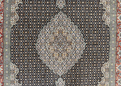 Persian Tabriz Rug 5x7, Wool with Silk Highlights, Hand Knotted Vintage Oriental Carpet, Very Fine, Herati Mahi Pattern, Black, Rare - Nuvé
