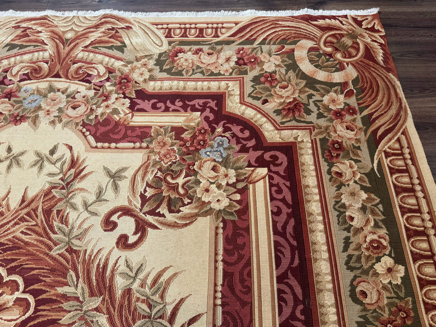 Large Aubusson Rug 10x13, Thick Flatweave Carpet, Elegant European Design, Cream and Raspberry - Nuvé