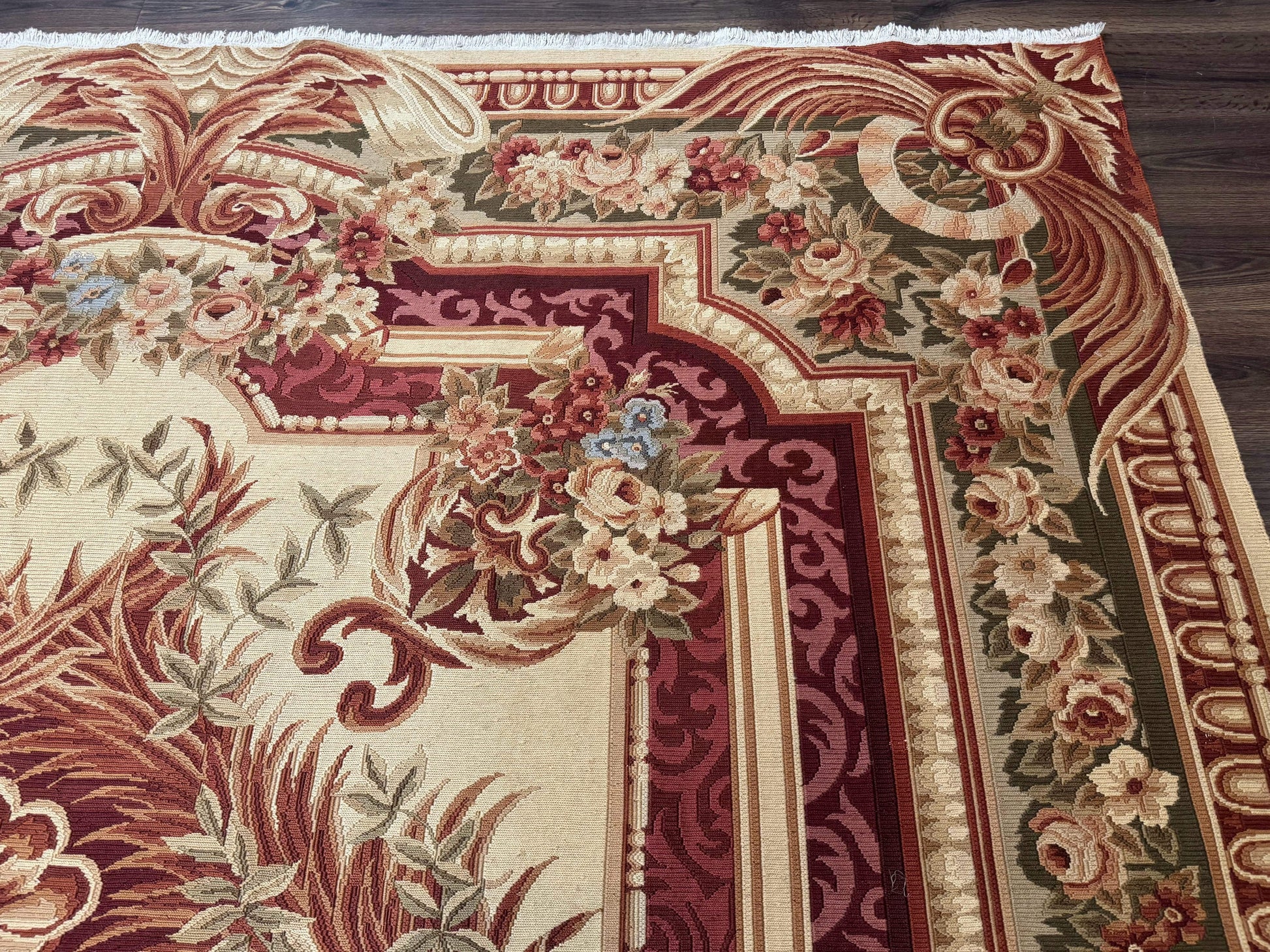 Large Aubusson Rug 10x13, Thick Flatweave Carpet, Elegant European Design, Cream and Raspberry - Nuvé