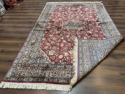 Indian Kashmiri Silk Rug 6x9, Red and Navy Blue, Floral Medallion, Fine 275 KPSI - Nuvé