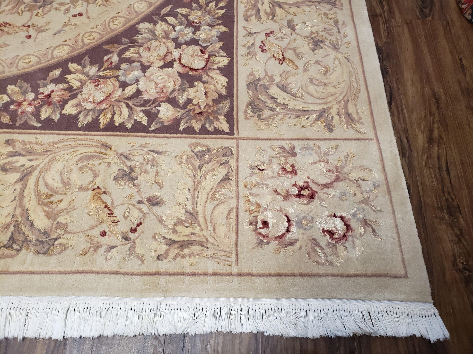 Chinese Aubusson Savonnerie Area Rug 8x12, Vintage 120 Line Carpet, Wool and Silk Hand-Knotted, Birds Flowers Master Weaver Signature - Nuvé