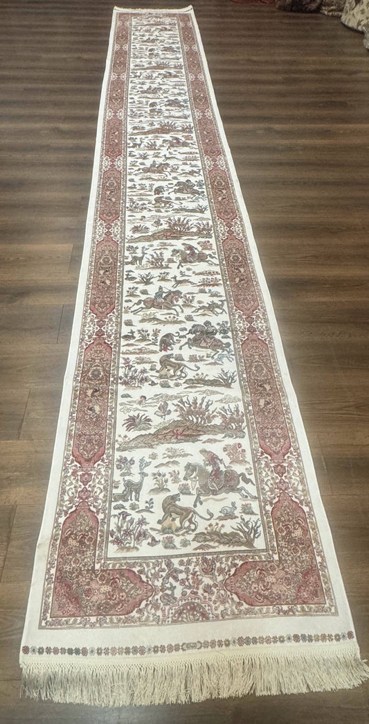 Long Turkish Silk Runner Rug 2.6 x 16.5, Hunting Design, Ivory, Bamboo Silk, New - Nuvé