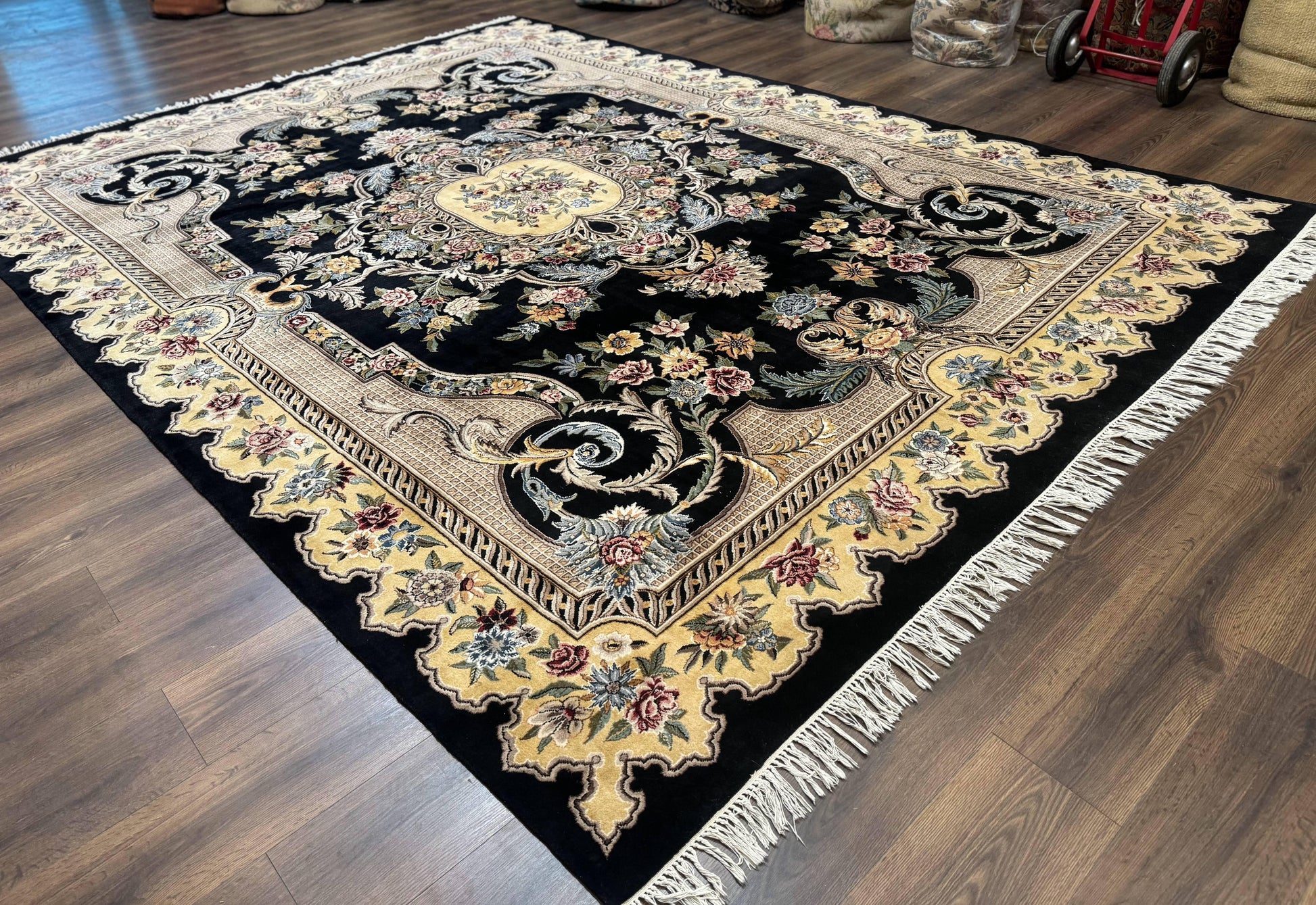 Aubusson Rug 9x12, Black and Beige, Floral, Elegant Handmade French European Design Carpet - Nuvé