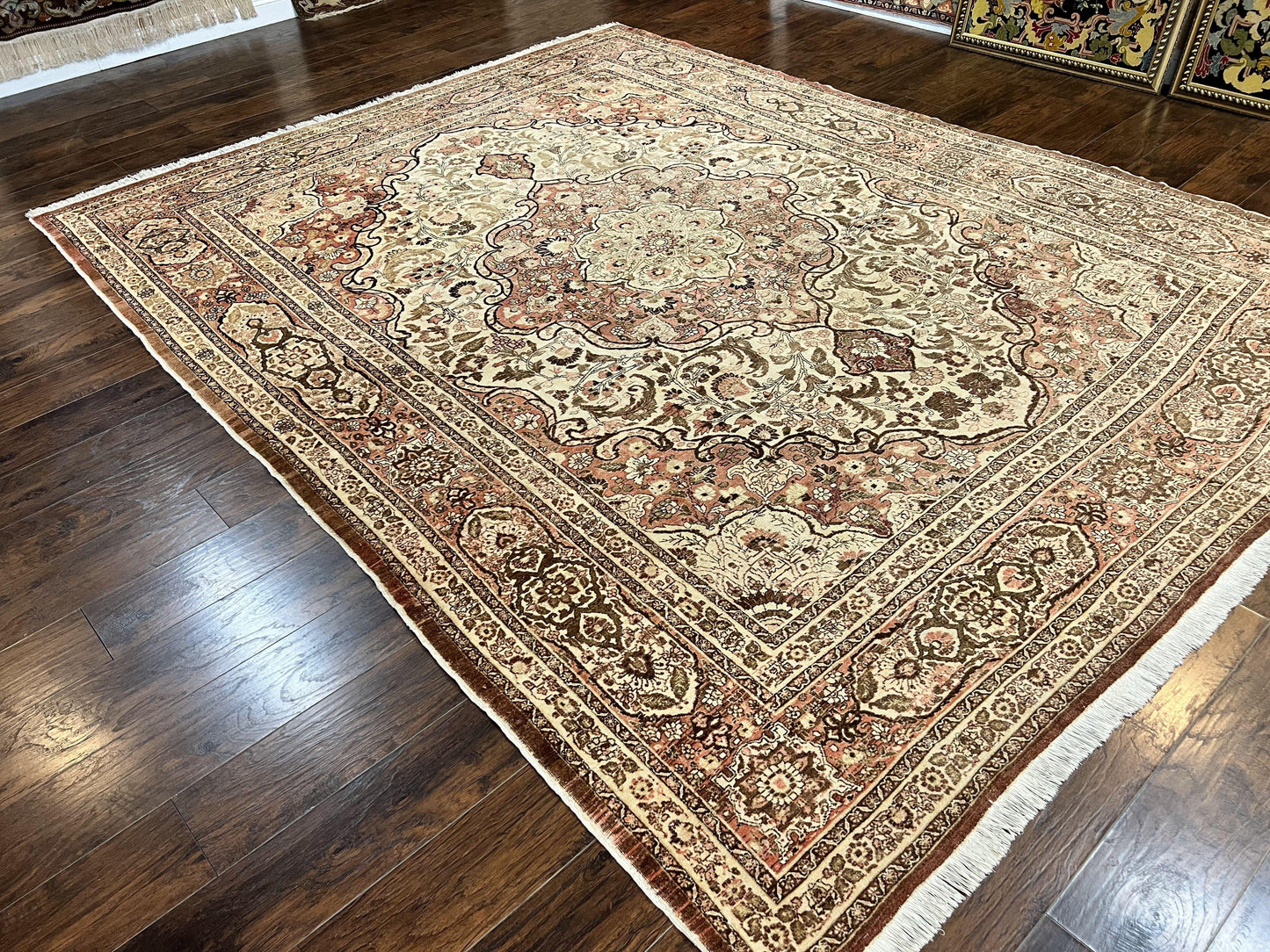 Antique Persian Tabriz Rug 10x12, Wool Hand Knotted Oriental Carpet, Beige Light Red, Floral Medallion - Nuvé