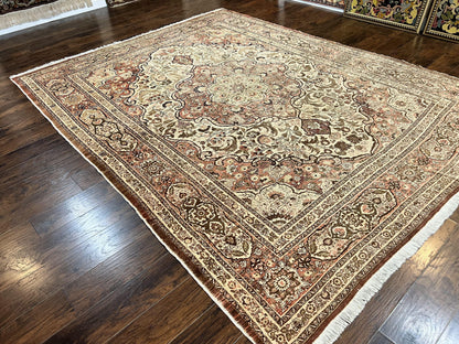 Antique Persian Tabriz Rug 10x12, Wool Hand Knotted Oriental Carpet, Beige Light Red, Floral Medallion - Nuvé