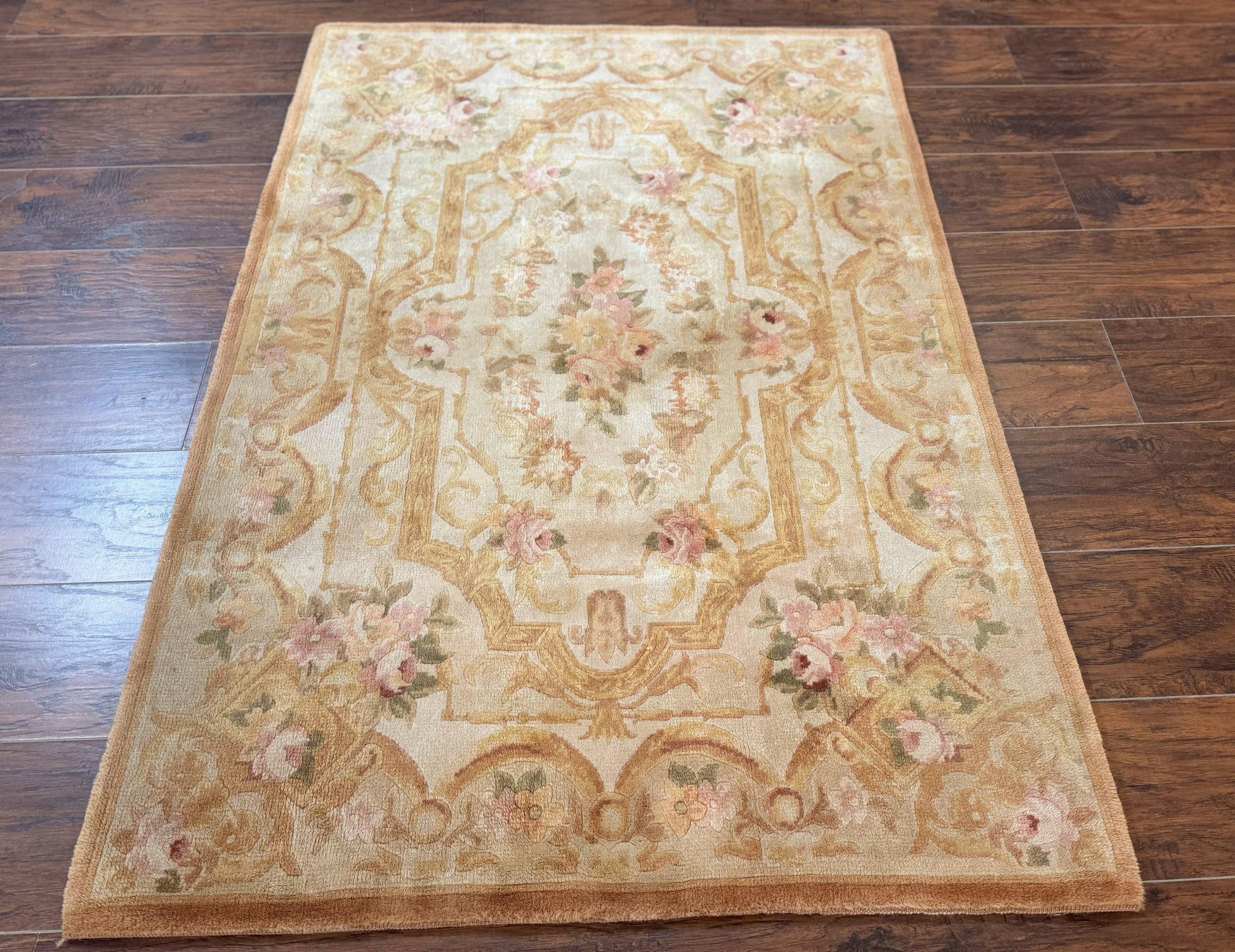 Chinese Aubusson Rug 3.6 x 5, Beige and Gold, Handmade Vintage Elegant European Design Carpet, Plush Wool, Handmade - Nuvé