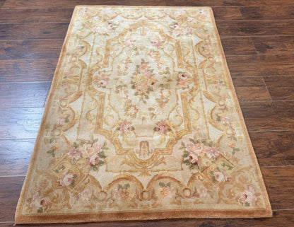 Chinese Aubusson Rug 3.6 x 5, Beige and Gold, Handmade Vintage Elegant European Design Carpet, Plush Wool, Handmade - Nuvé
