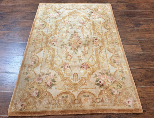 Chinese Aubusson Rug 3.6 x 5, Beige and Gold, Handmade Vintage Elegant European Design Carpet, Plush Wool, Handmade - Nuvé