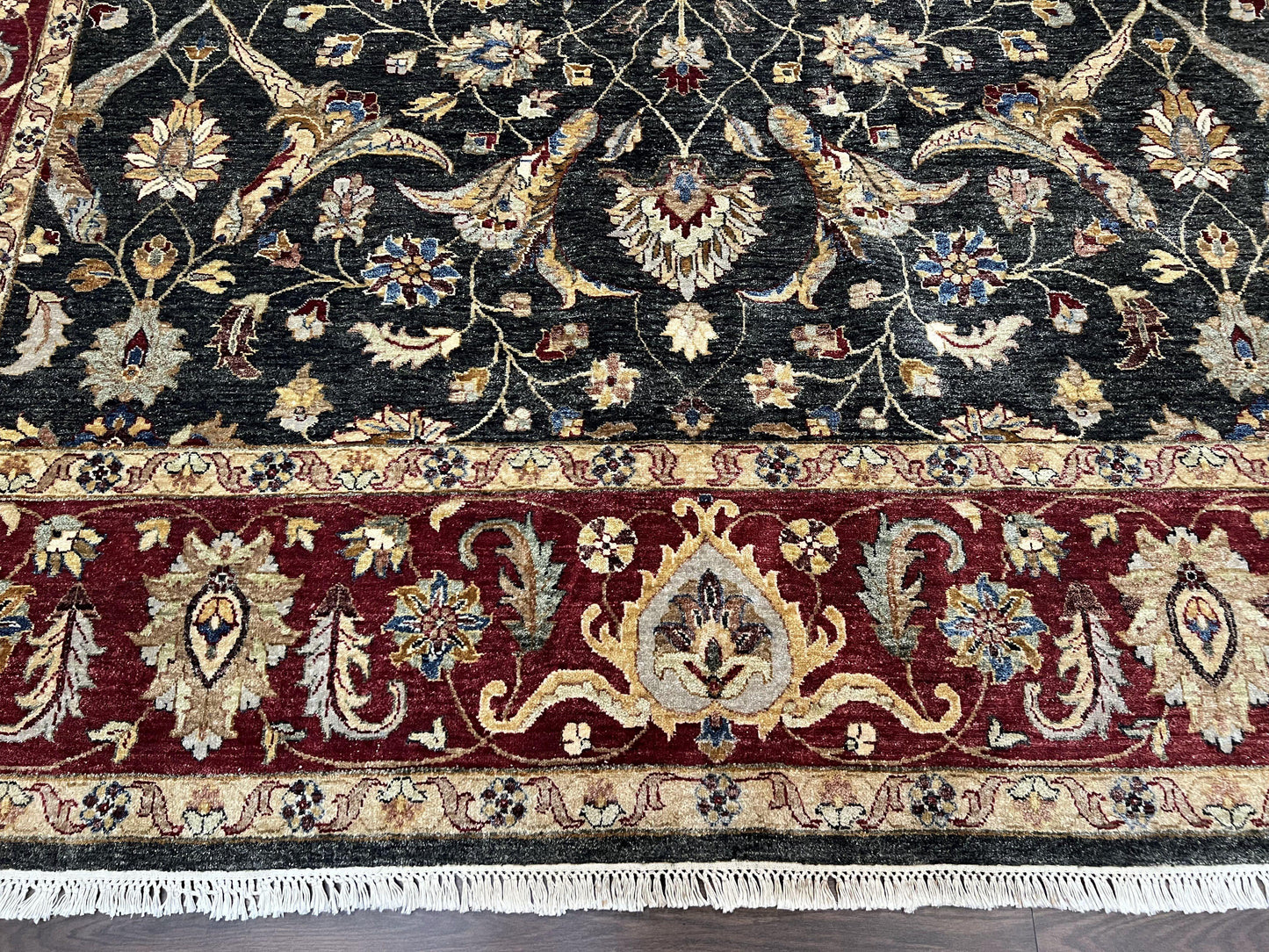Pak Persian Mahal Rug 9x12, Allover Floral Pakistani Oriental Carpet 9 x 12, Wool Hand Knotted Area Rug, Dark Slate Gray-Black and Maroon - Nuvé