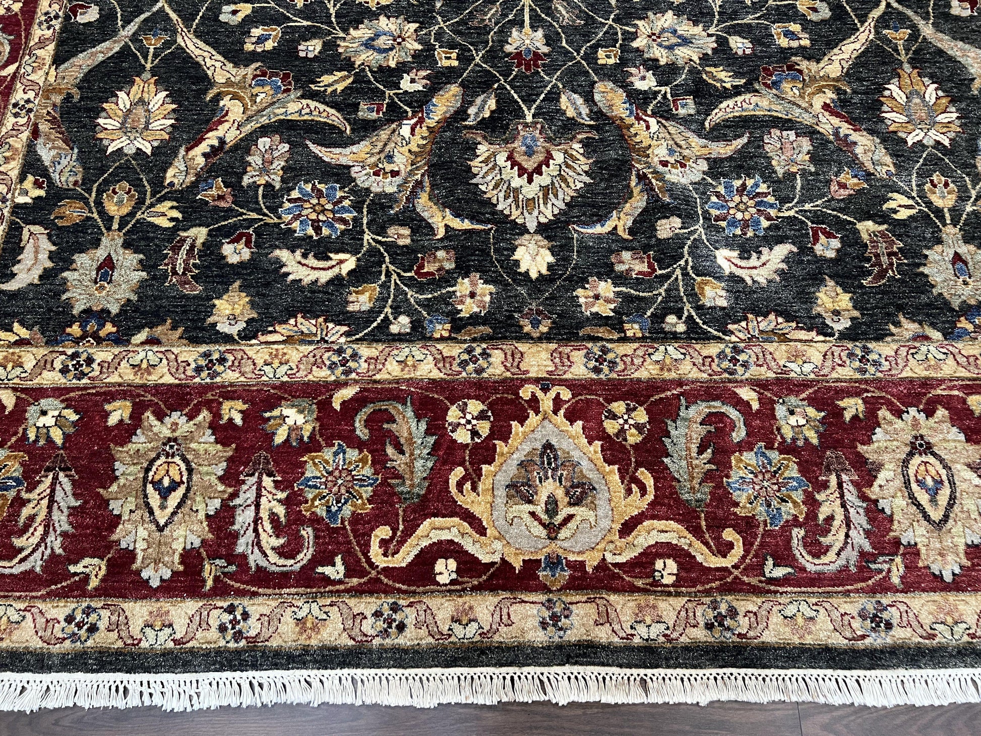 Pak Persian Mahal Rug 9x12, Allover Floral Pakistani Oriental Carpet 9 x 12, Wool Hand Knotted Area Rug, Dark Slate Gray-Black and Maroon - Nuvé